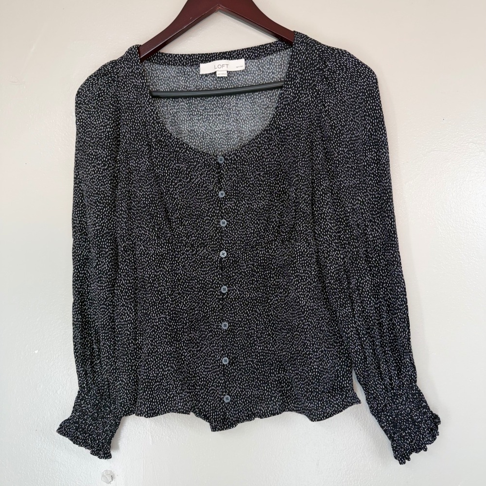 Loft Petites Black White Micro Dot Button Front Blouse Smocked Cuff XSP